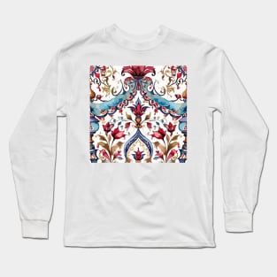 Red Sky Blue Ottoman Pattern on White Long Sleeve T-Shirt